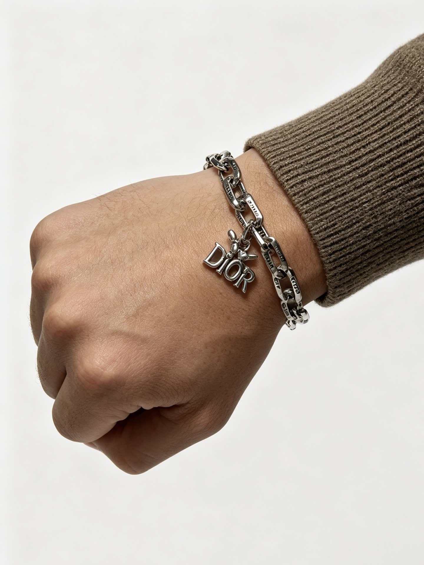 Dior Silver Tone Bracelet with Logo Charm