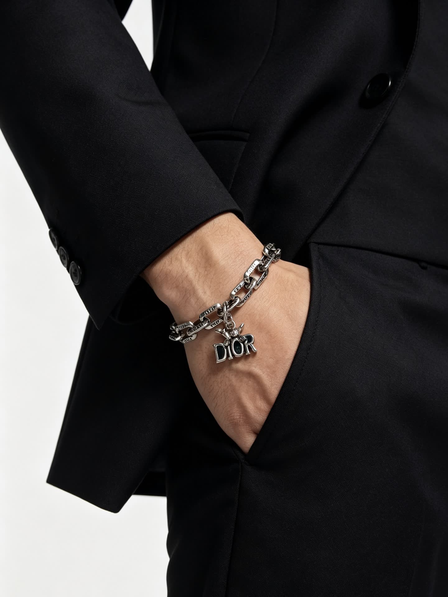Dior Silver Tone Bracelet with Logo Charm