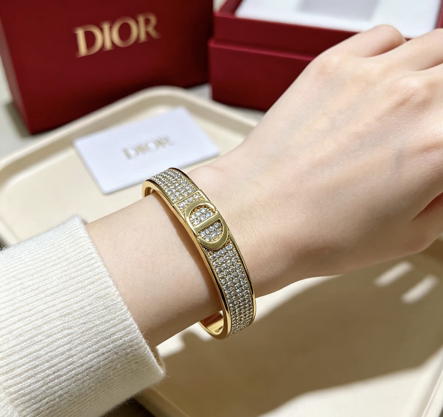 Dior Gold Tone Crystal Encrusted Cuff Bracelet