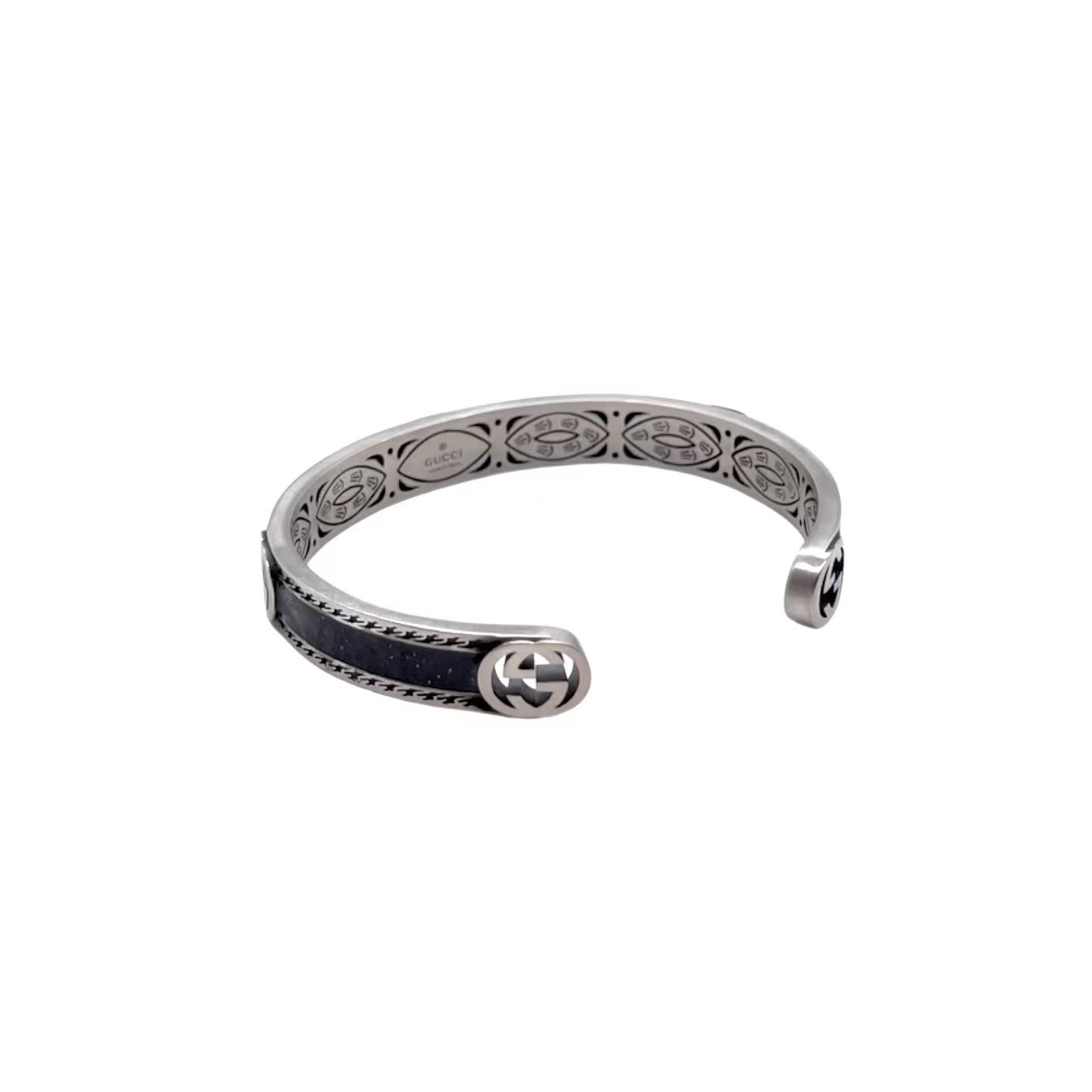 Gucci Silver Tone Black Leather Bracelet-500760