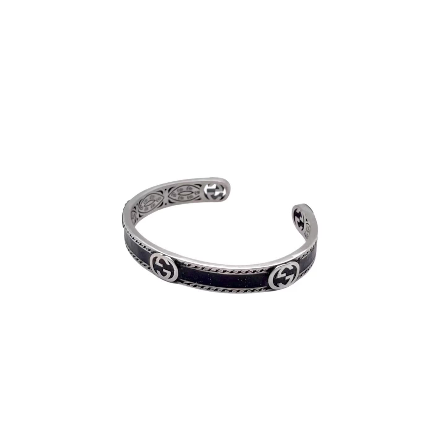 Gucci Silver Tone Black Leather Bracelet-500760
