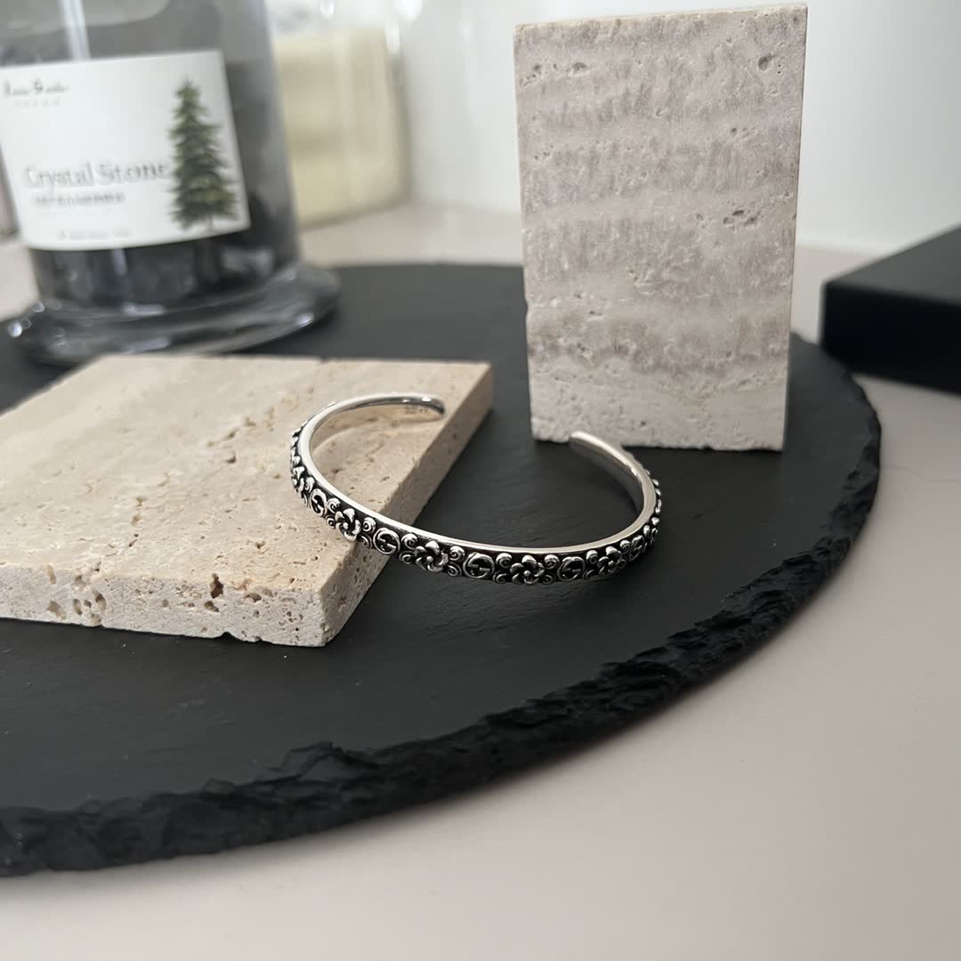 Gucci Sterling Silver Cuff Bracelet with Floral Design