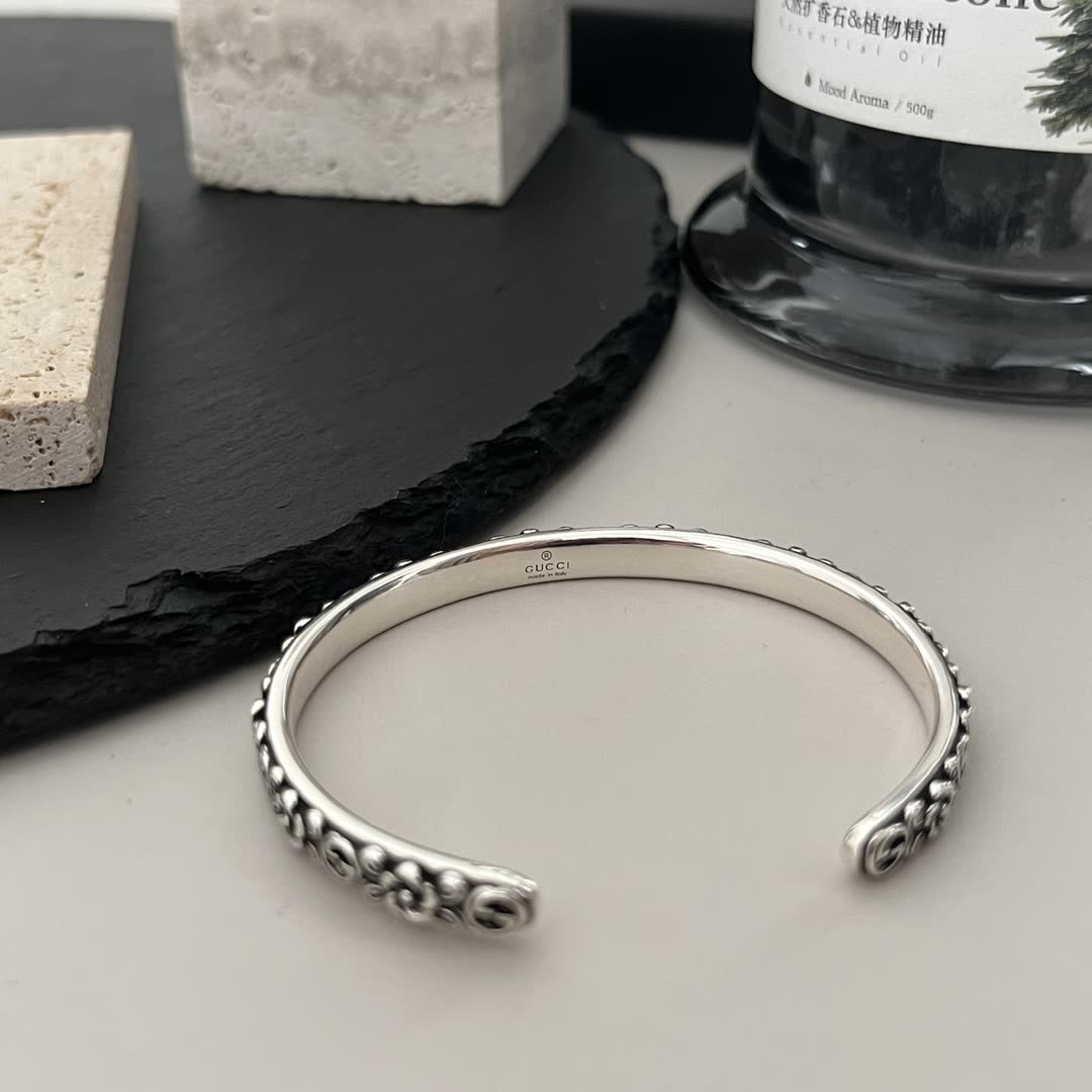 Gucci Sterling Silver Cuff Bracelet with Floral Design