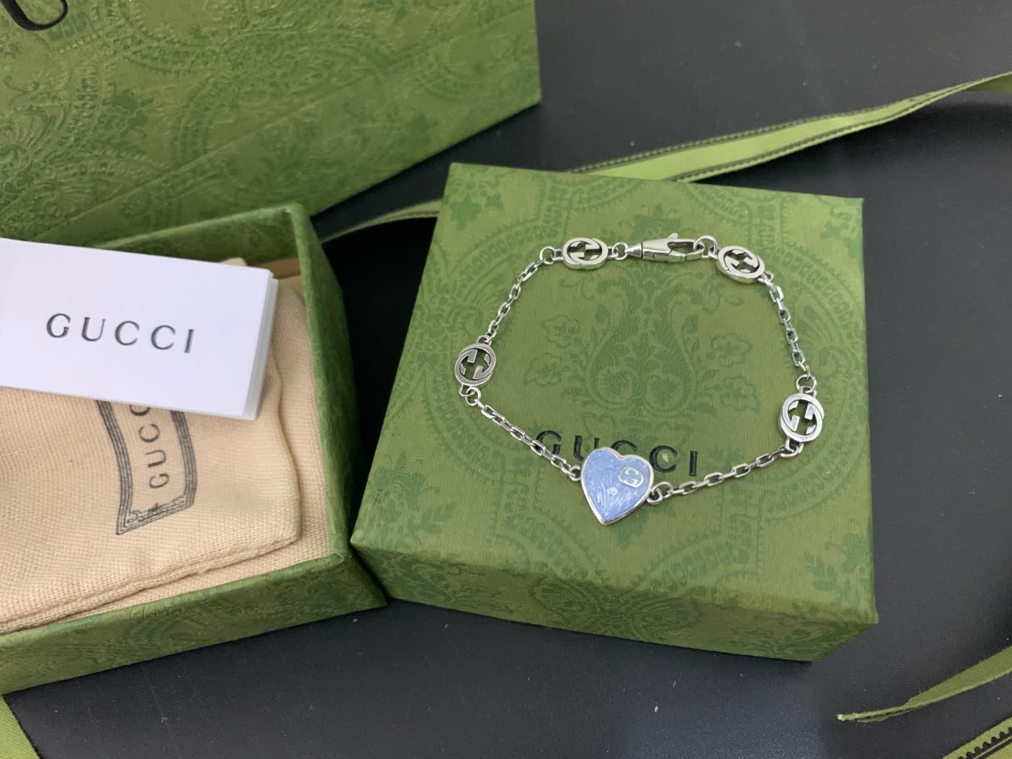 Gucci Silver Interlocking G & Heart Charm Bracelet