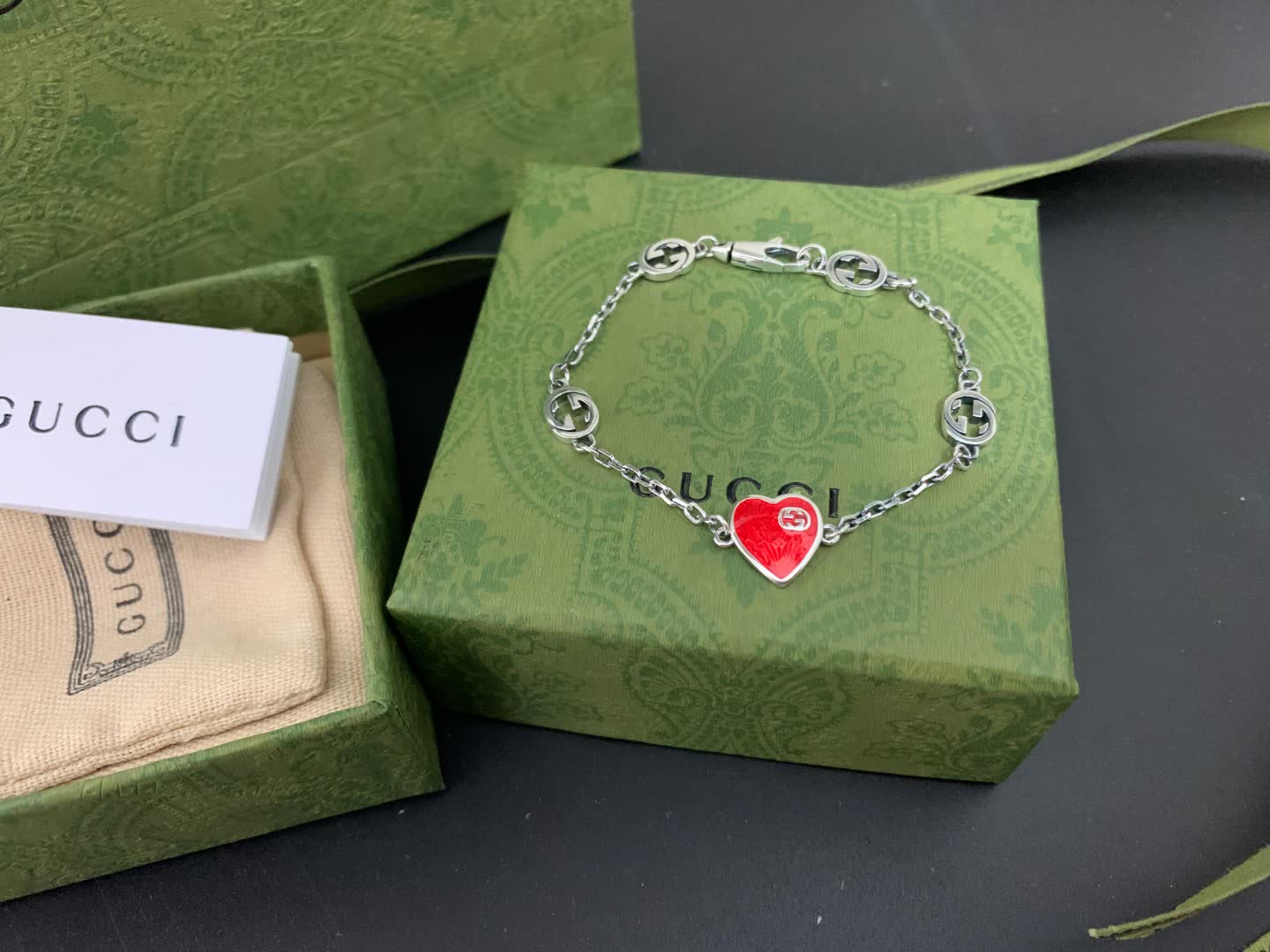 Gucci Silver Interlocking G & Heart Charm Bracelet