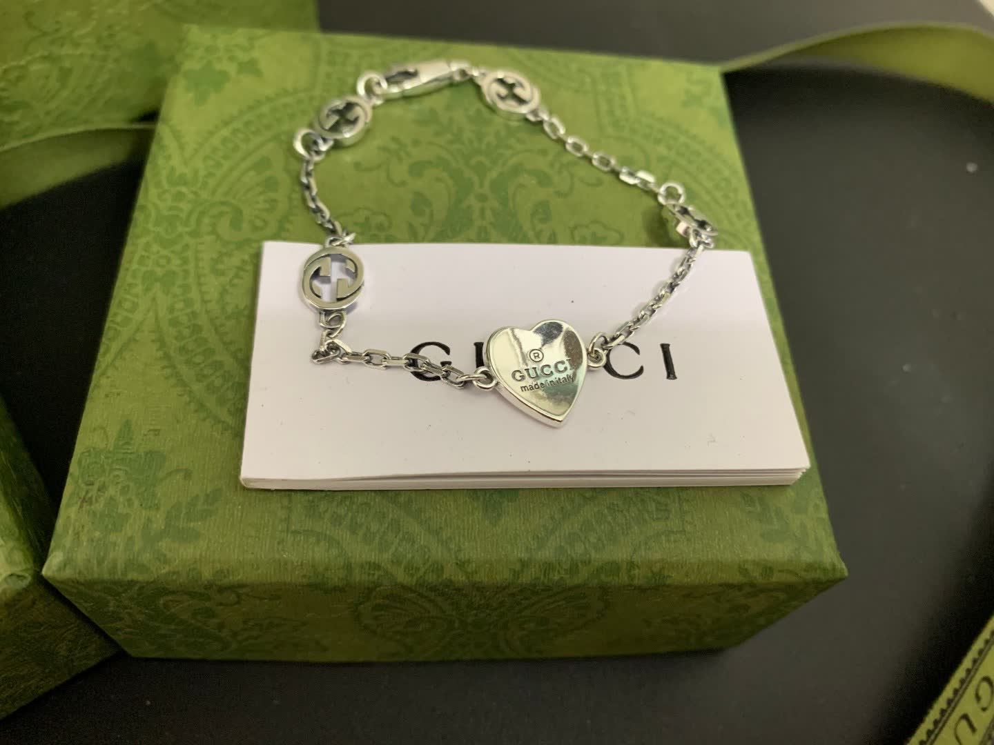 Gucci Silver Interlocking G & Heart Charm Bracelet