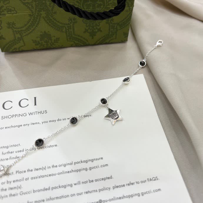 Gucci Silver Star and Black Stone Bracelet