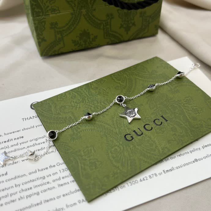 Gucci Silver Star and Black Stone Bracelet