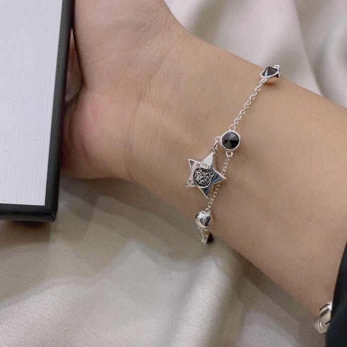 Gucci Silver Star and Black Stone Bracelet