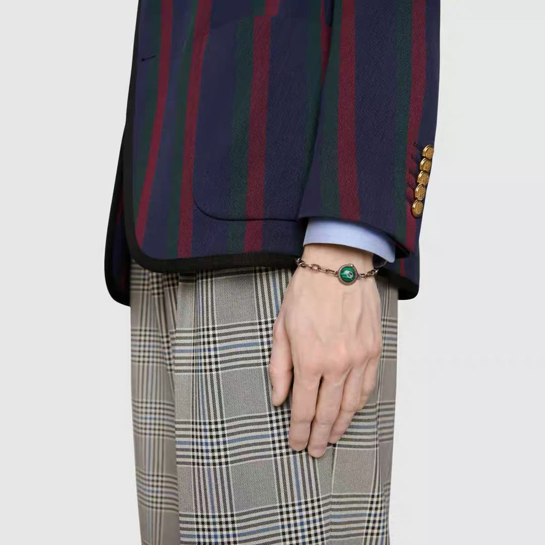 Gucci Silver Chain Bracelet with Green Stone
