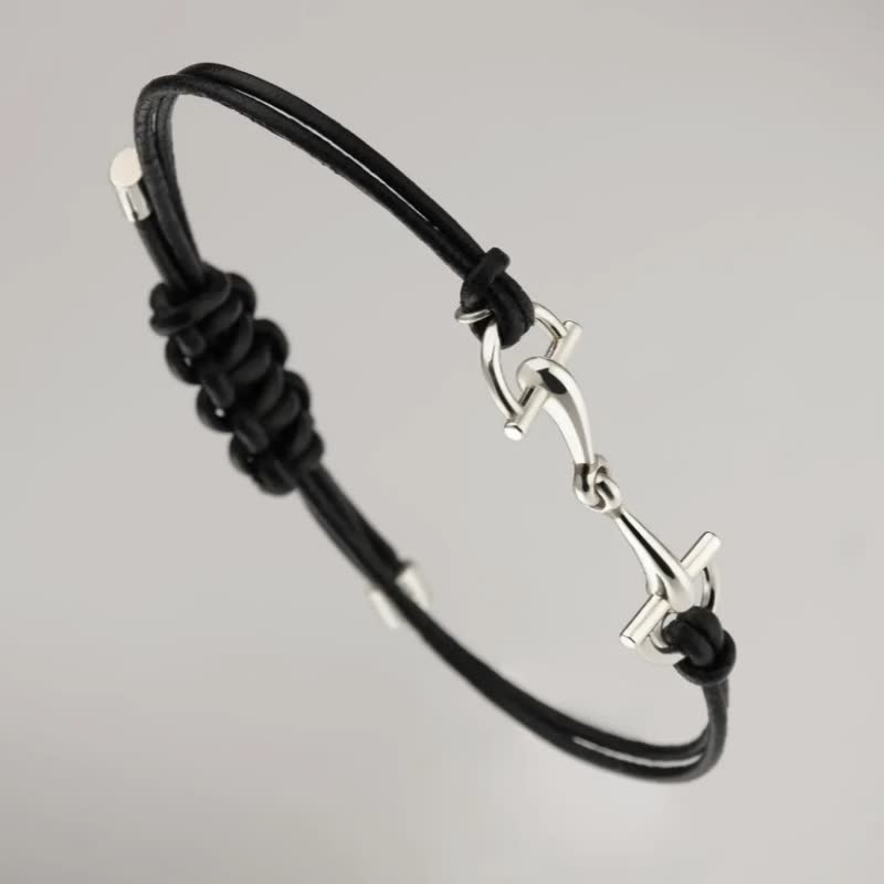 Gucci Black Leather & Silver Horsebit Bracelet