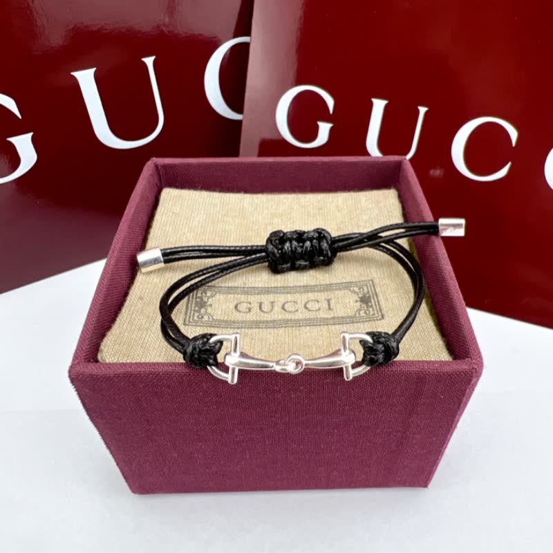 Gucci Black Leather & Silver Horsebit Bracelet