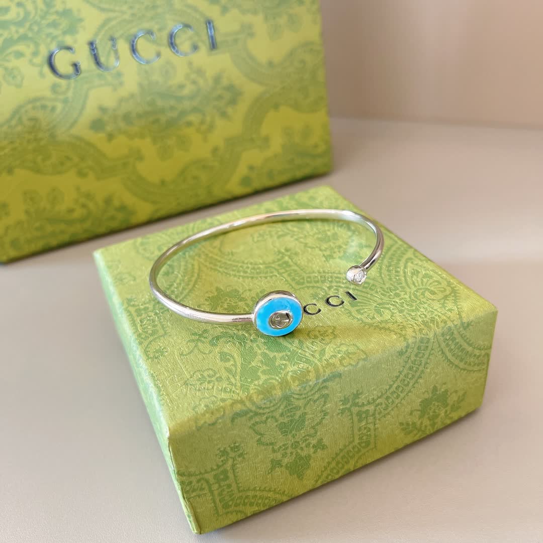 Gucci Silver Blue Enamel Evil Eye Cuff Bracelet
