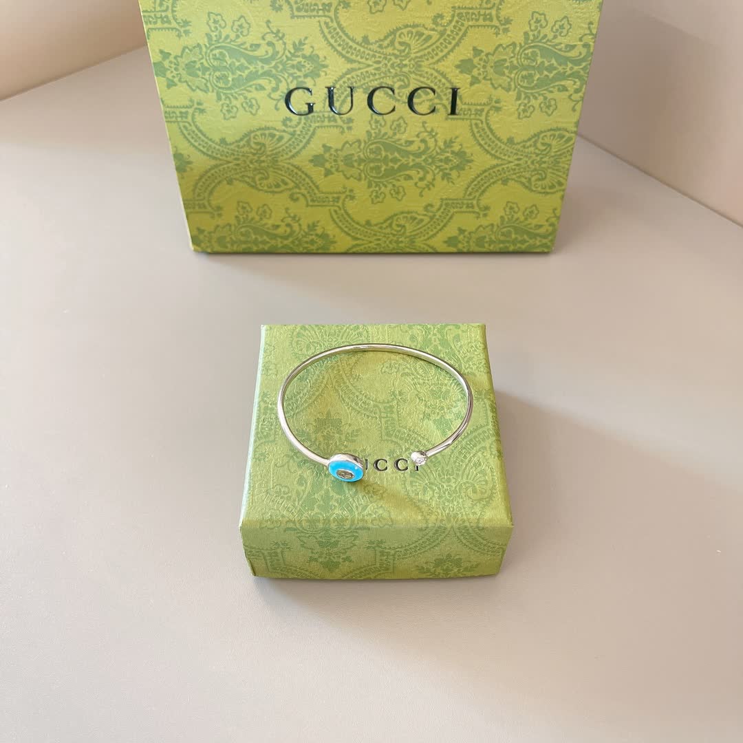 Gucci Silver Blue Enamel Evil Eye Cuff Bracelet