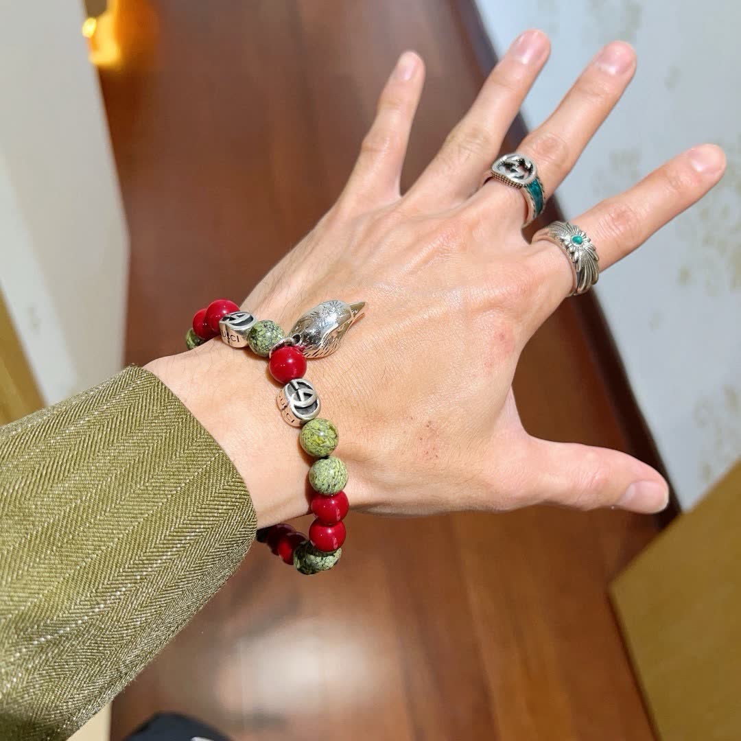 Gucci Red and Stone Bead Bracelet with Silver Charm