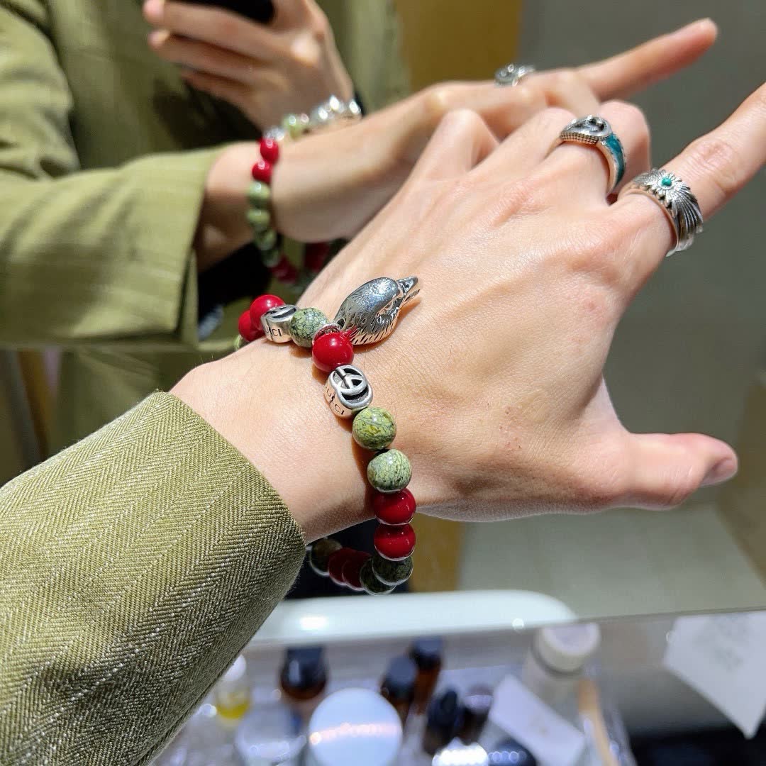 Gucci Red and Stone Bead Bracelet with Silver Charm