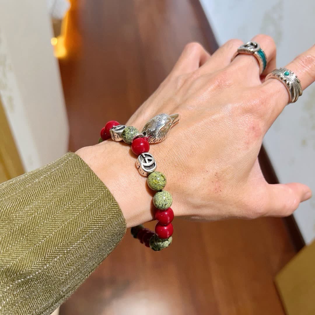 Gucci Red and Stone Bead Bracelet with Silver Charm