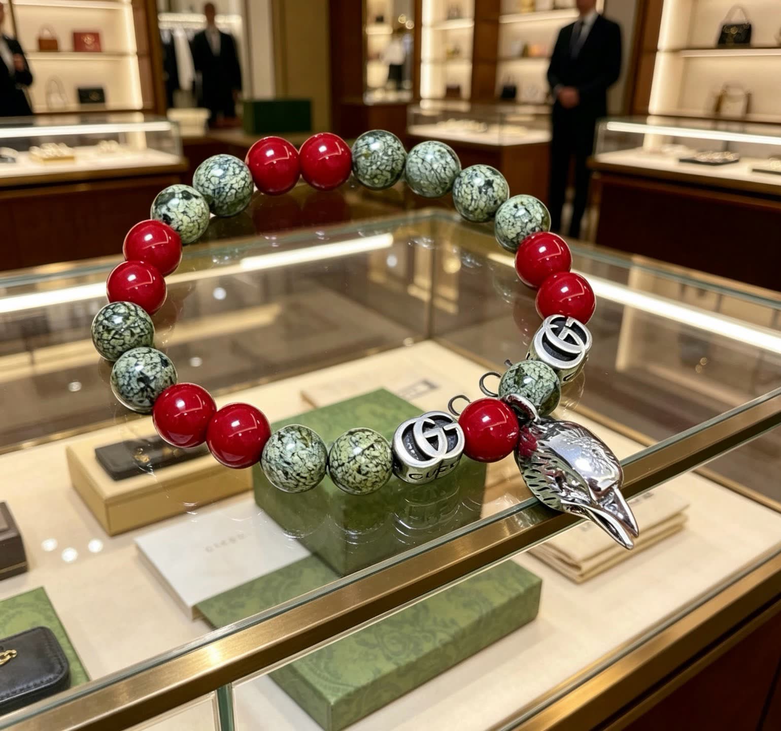 Gucci Red and Stone Bead Bracelet with Silver Charm
