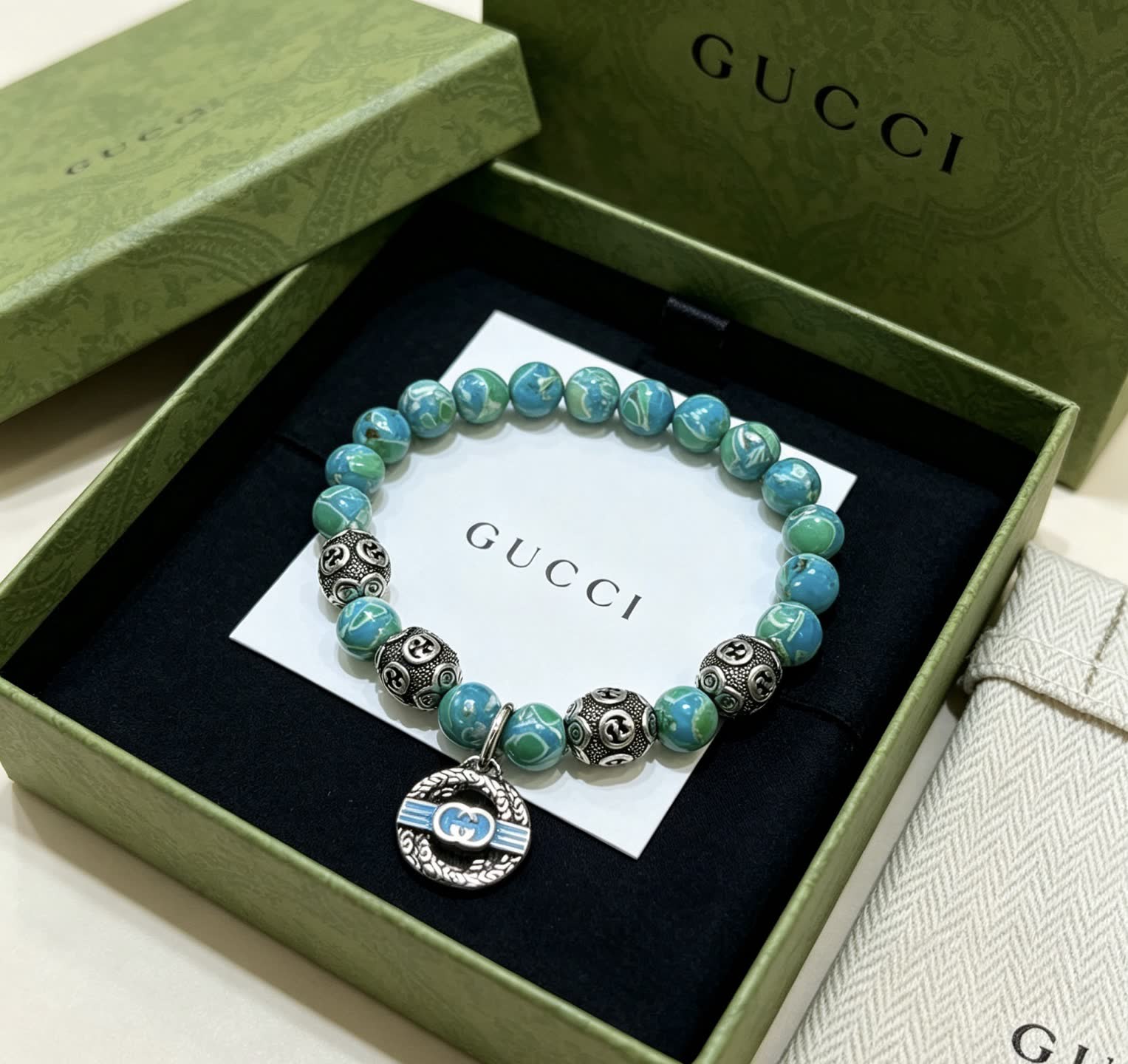 Gucci Blue Beaded Bracelet with Silver Charms