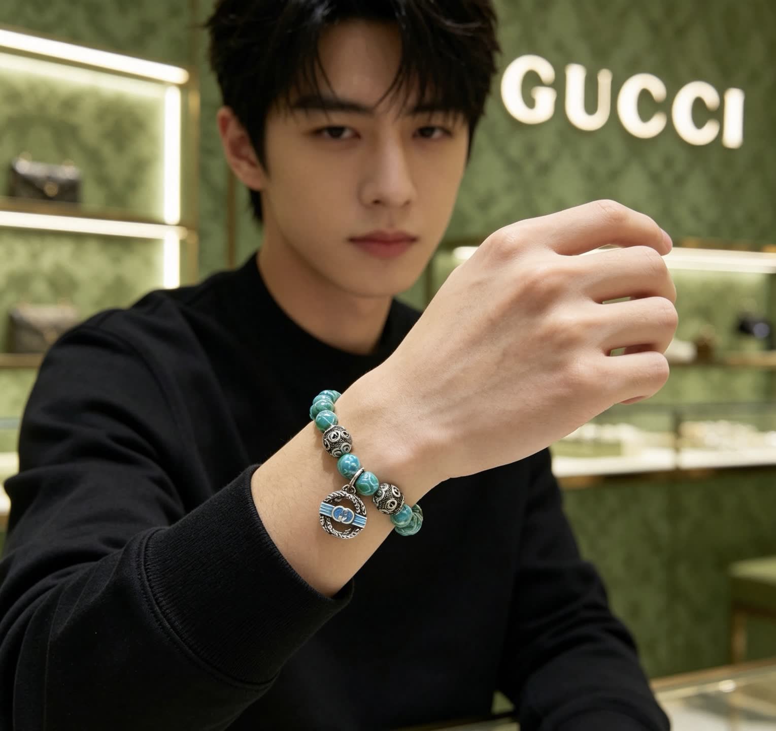 Gucci Blue Beaded Bracelet with Silver Charms