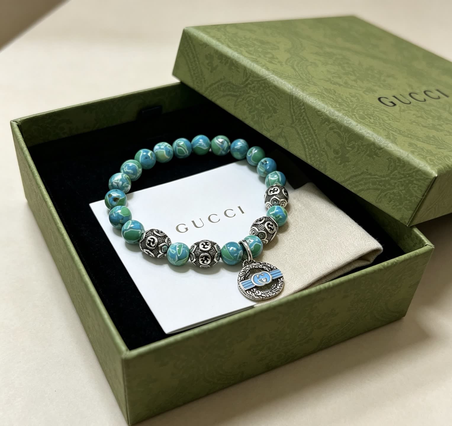 Gucci Blue Beaded Bracelet with Silver Charms