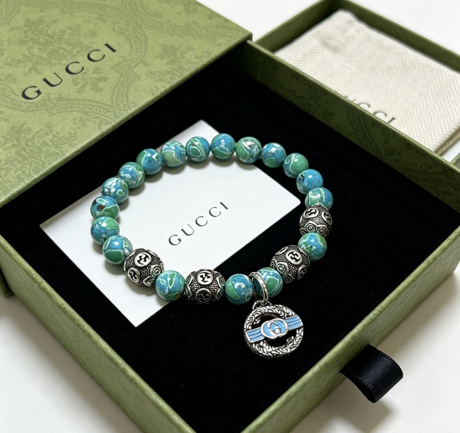 Gucci Blue Beaded Bracelet with Silver Charms