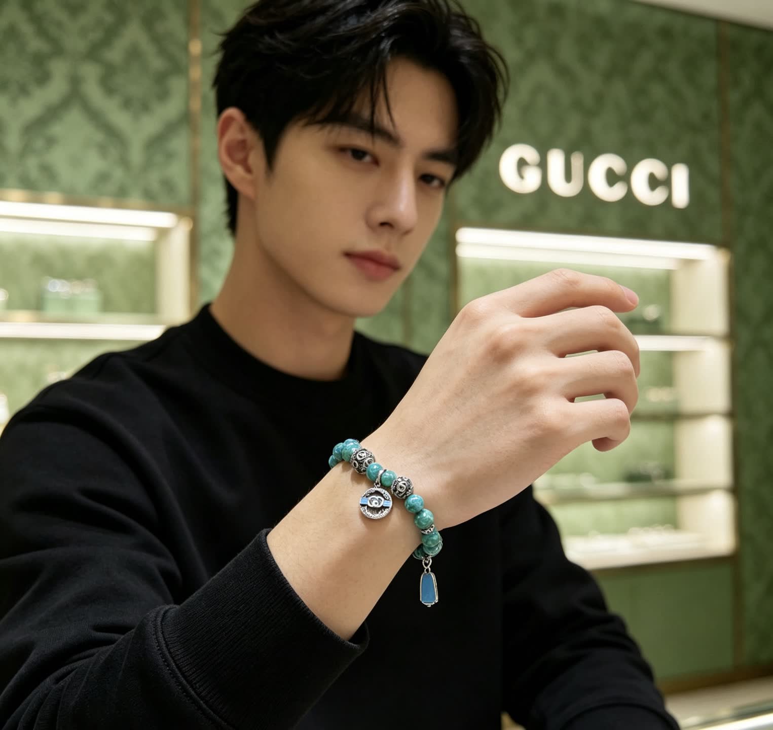 Gucci Blue Beaded Bracelet with Silver Charms