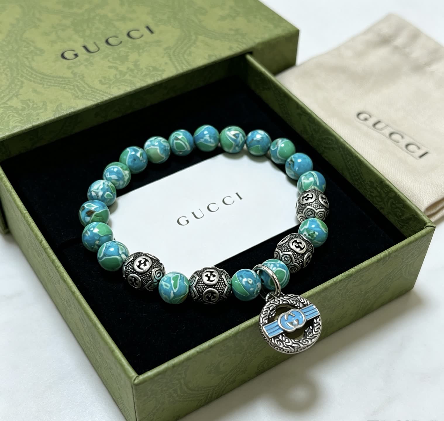 Gucci Blue Beaded Bracelet with Silver Charms