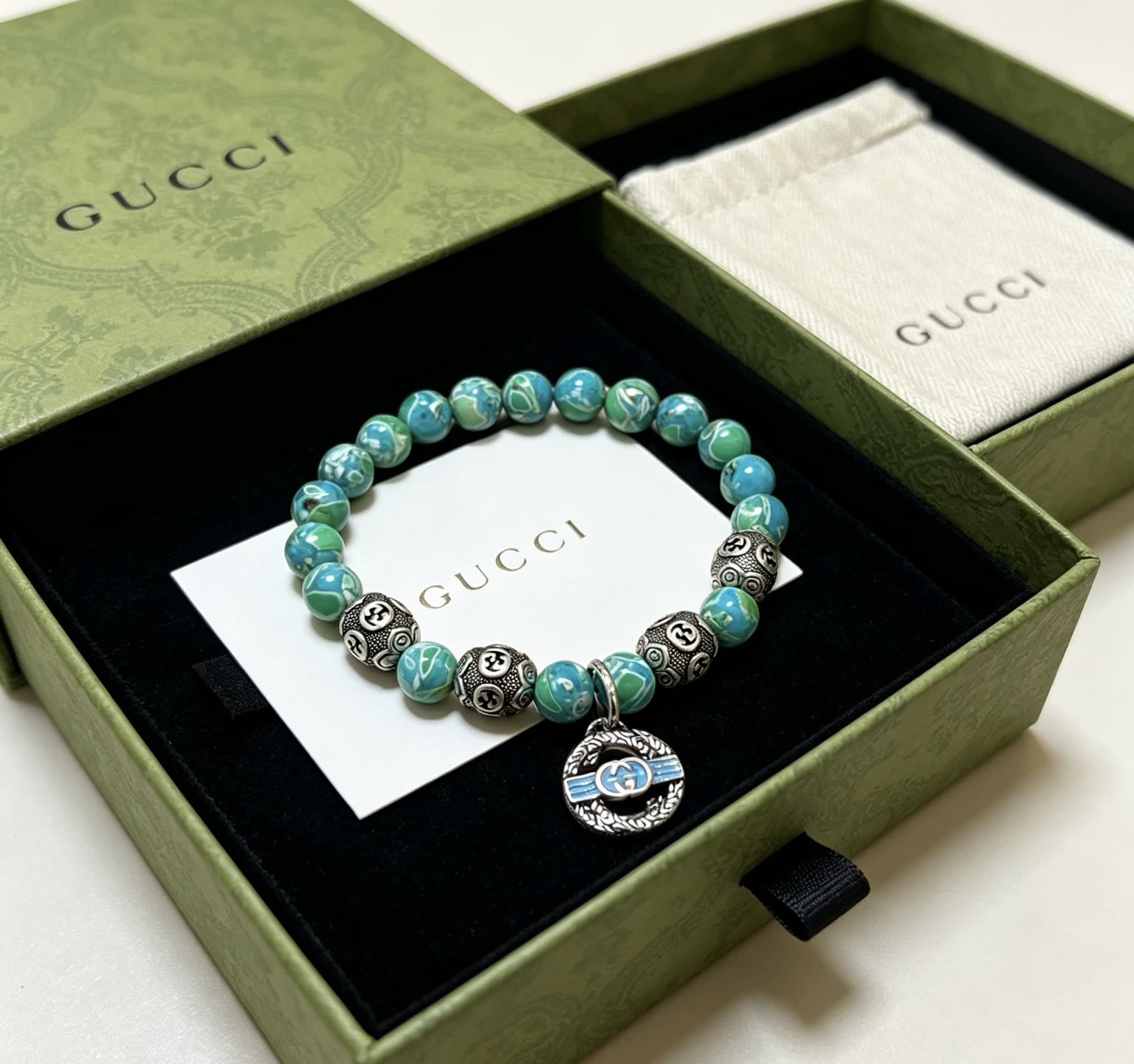 Gucci Blue Beaded Bracelet with Silver Charms