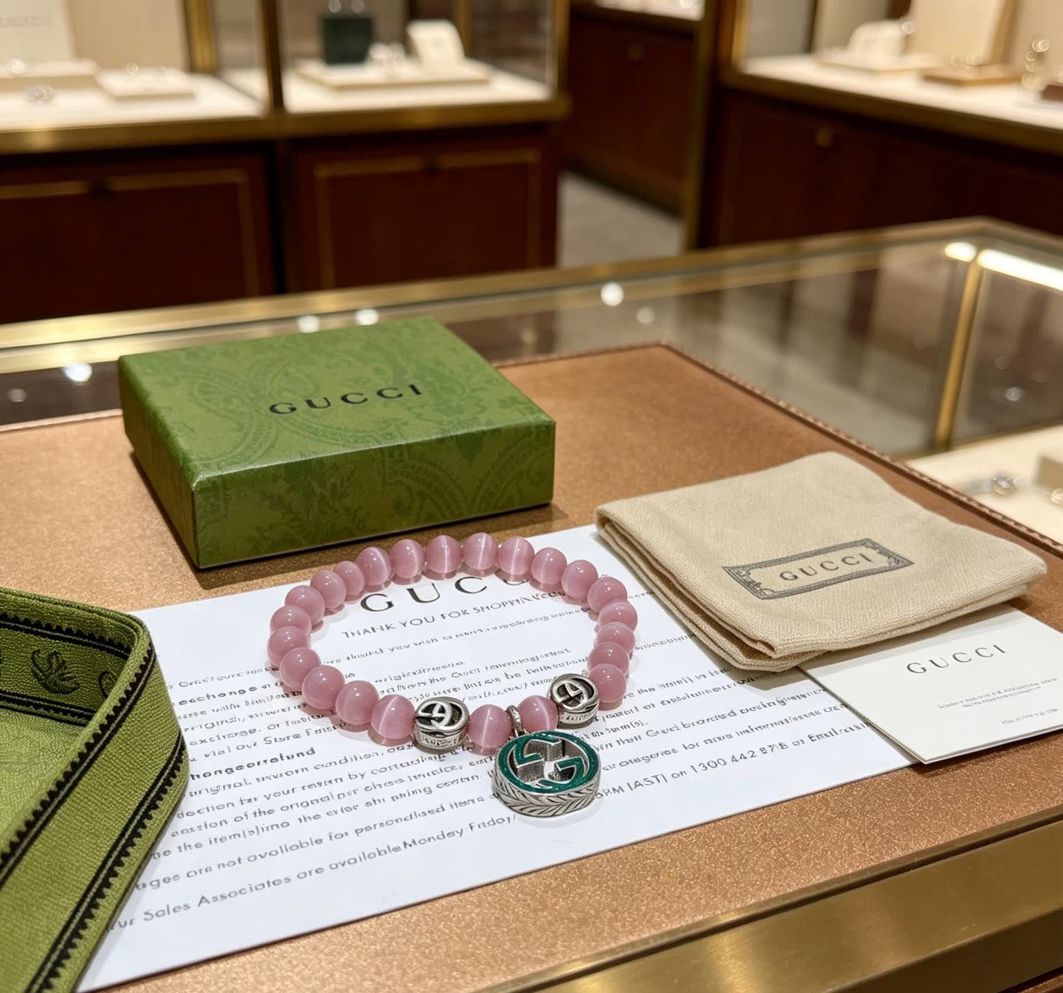 Gucci Pink Cat's Eye Bead Bracelet with Interlocking G Charm