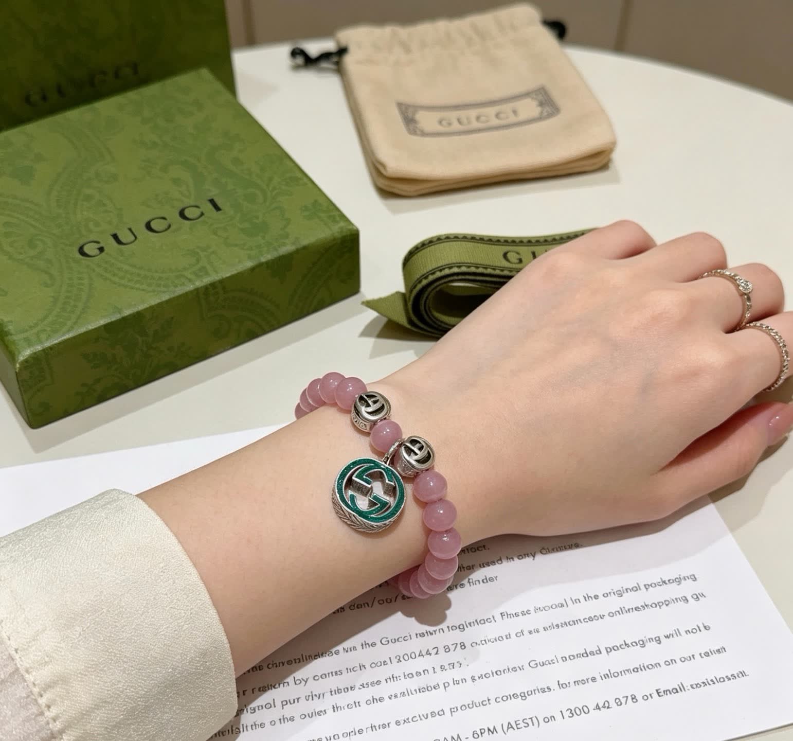 Gucci Pink Cat's Eye Bead Bracelet with Interlocking G Charm