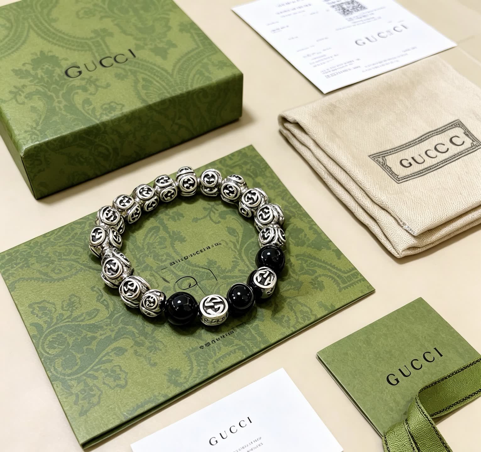 Gucci Silver Beaded Bracelet with Black Beads