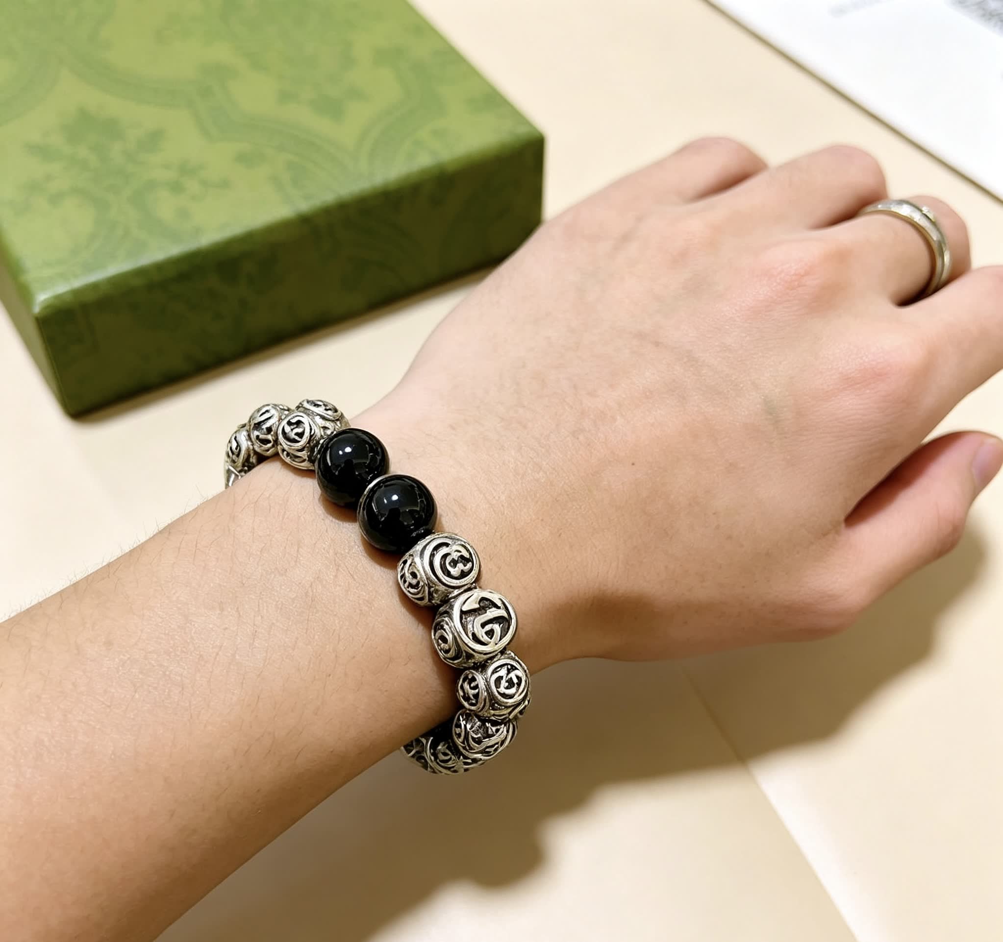 Gucci Silver Beaded Bracelet with Black Beads
