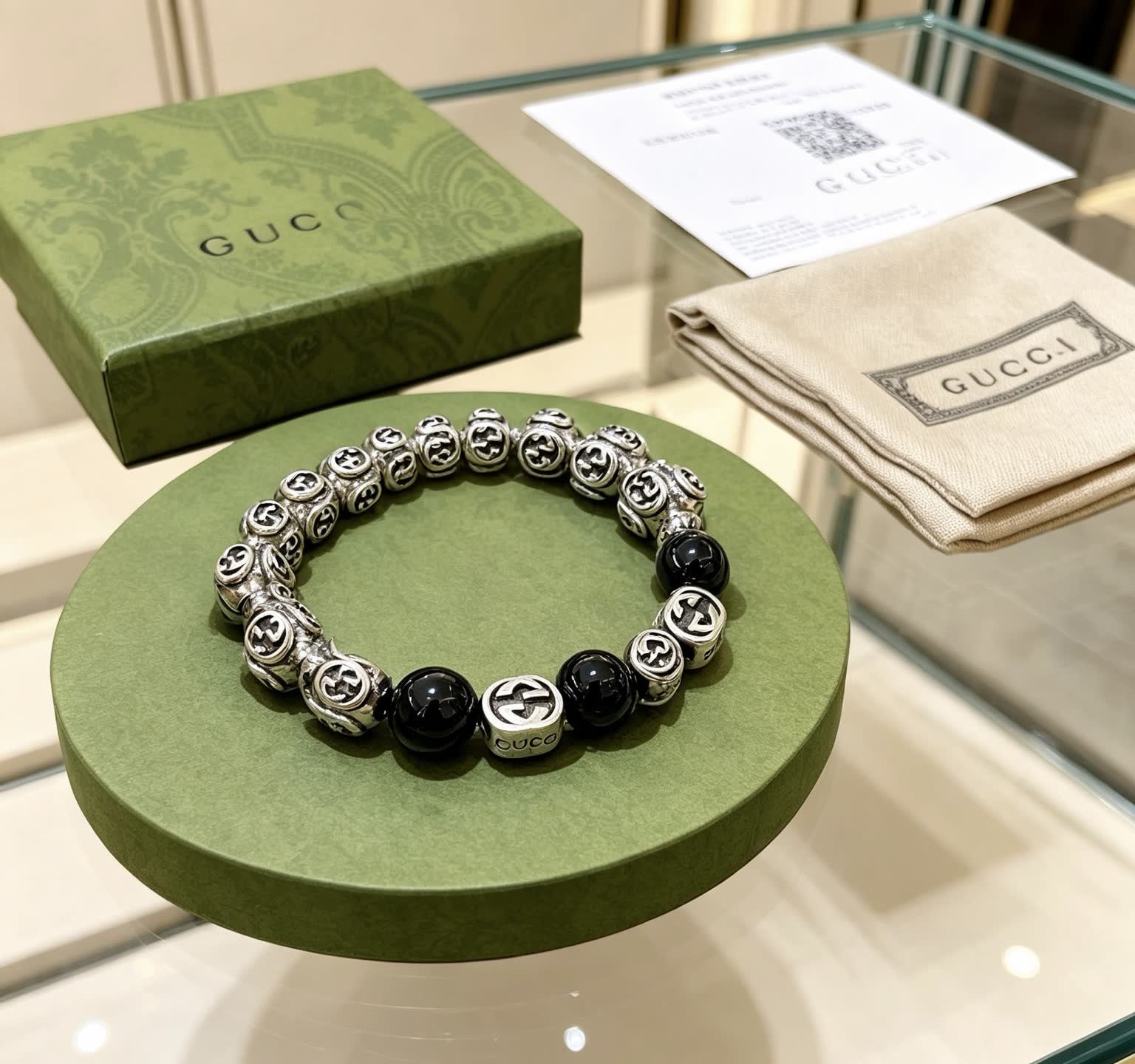 Gucci Silver Beaded Bracelet with Black Beads