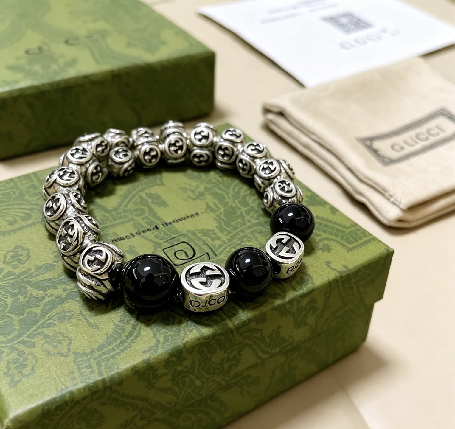Gucci Silver Beaded Bracelet with Black Beads