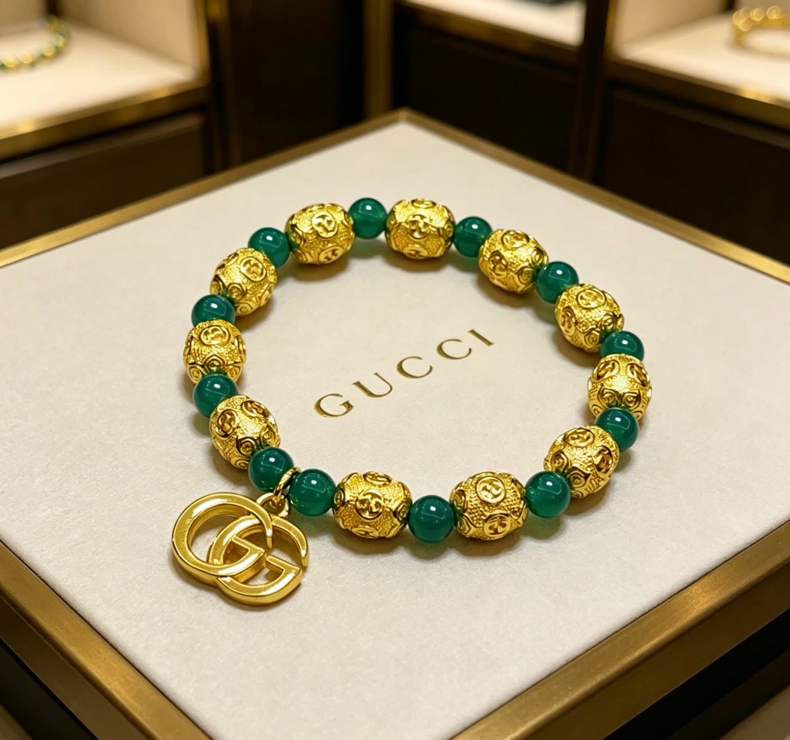 Gucci Green Bead Bracelet with Interlocking G Charm Gucci Green Bead Bracelet with Interlocking G Charm