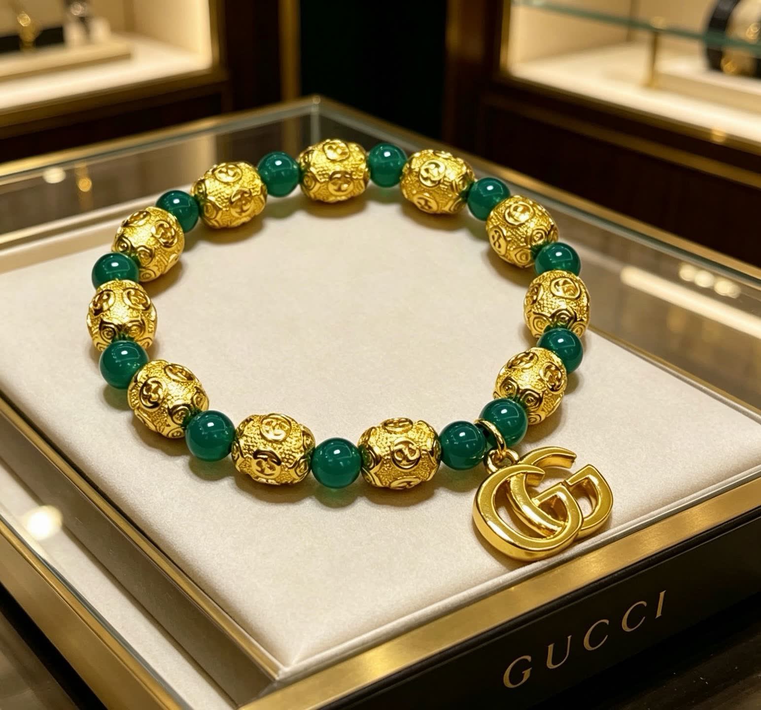Gucci Green Bead Bracelet with Interlocking G Charm