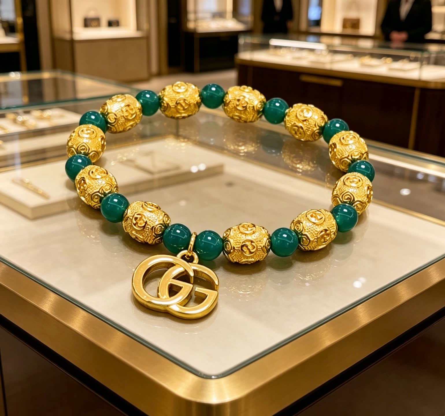 Gucci Green Bead Bracelet with Interlocking G Charm