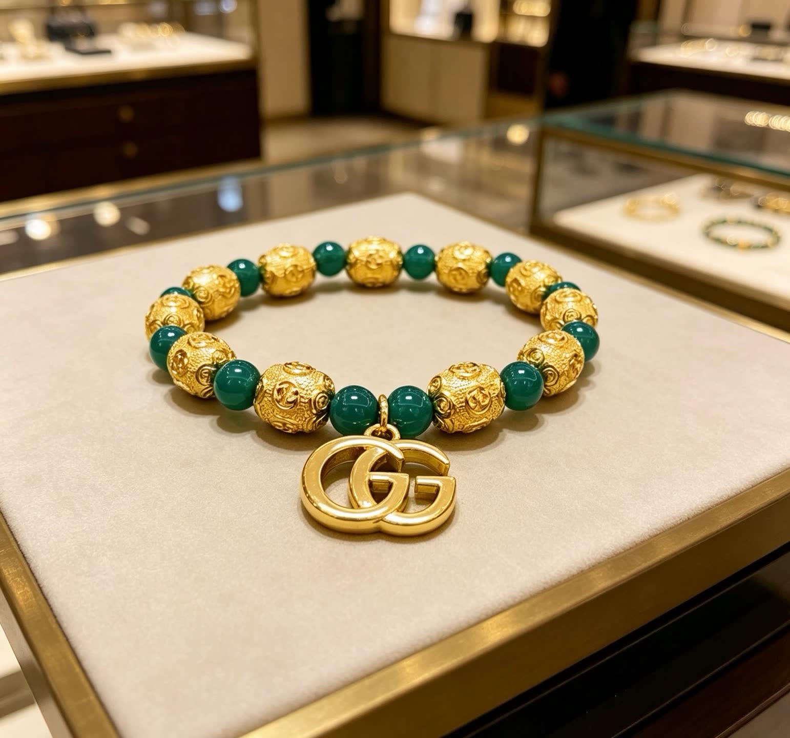 Gucci Green Bead Bracelet with Interlocking G Charm