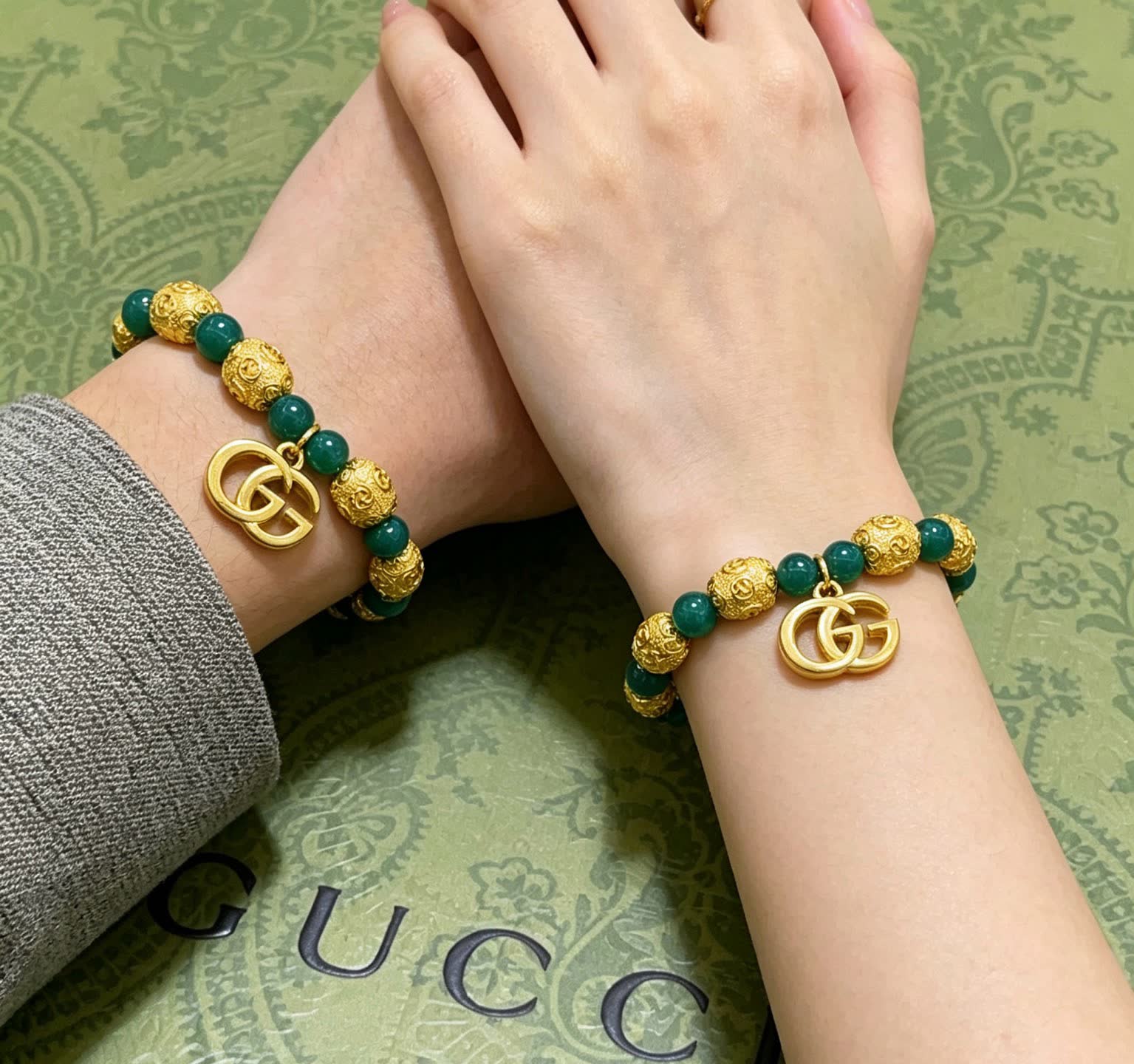 Gucci Green Bead Bracelet with Interlocking G Charm