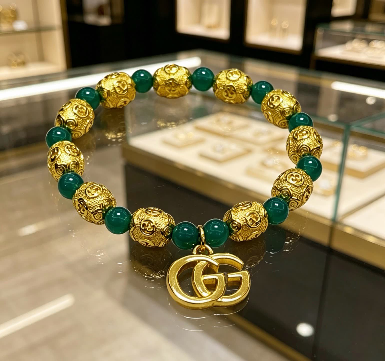 Gucci Green Bead Bracelet with Interlocking G Charm