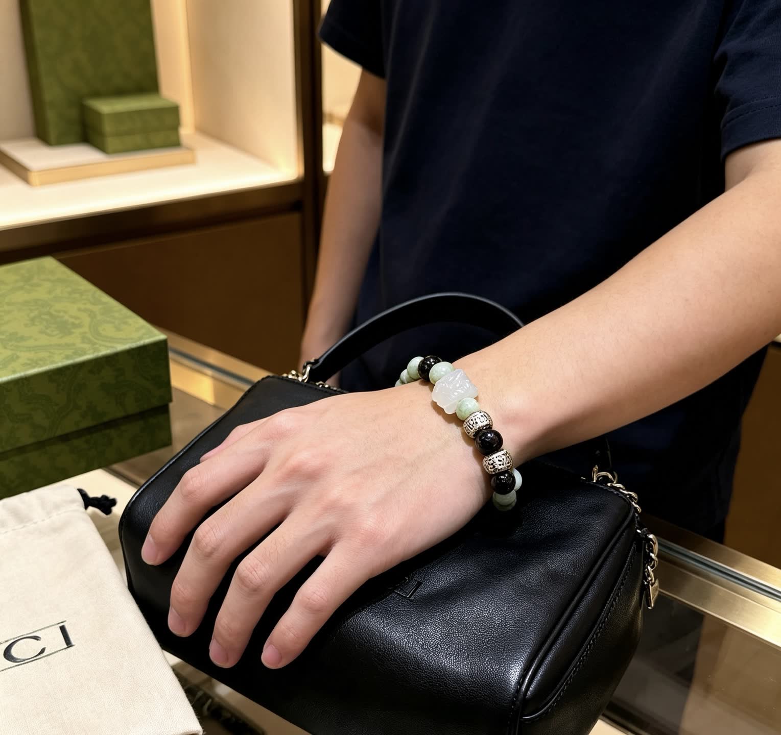Gucci Green and Black Beaded Bracelet