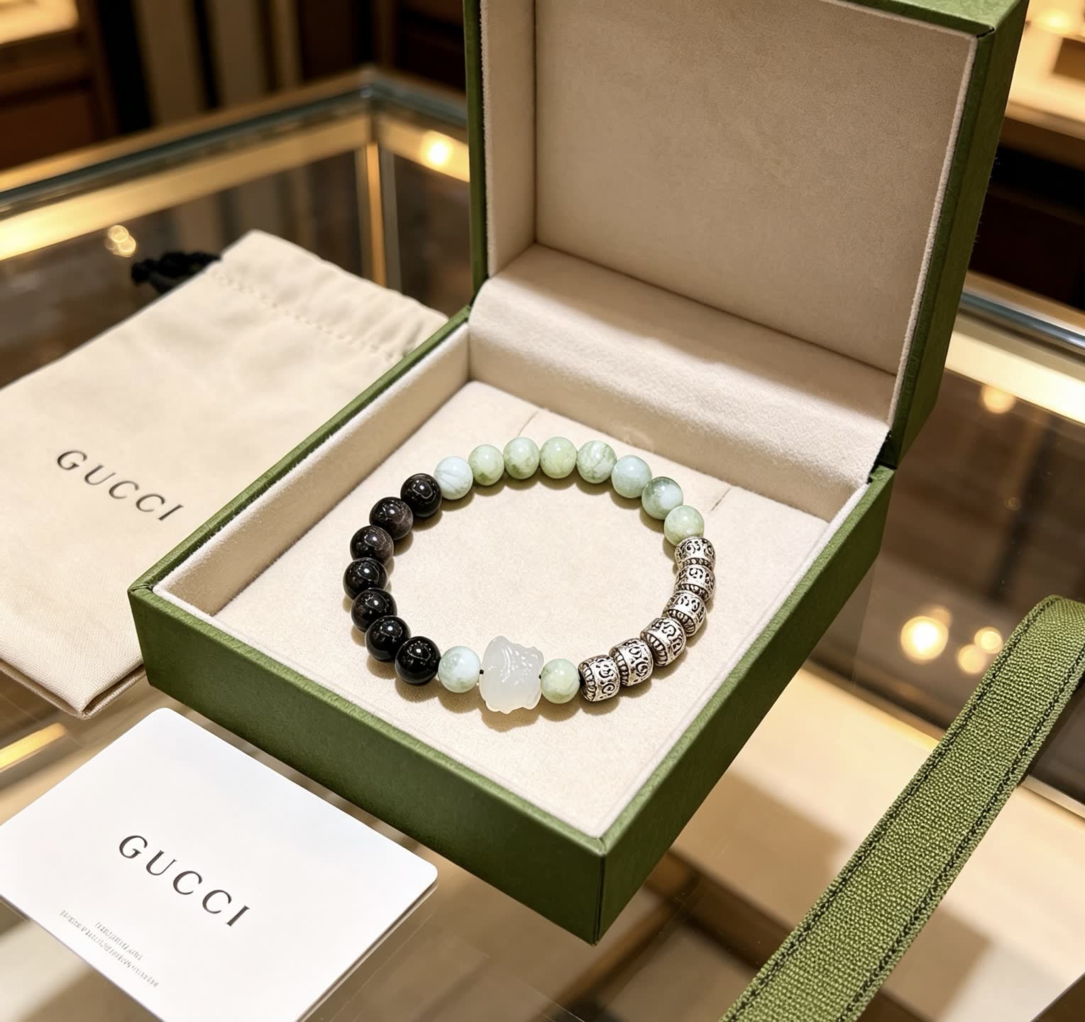 Gucci Green and Black Beaded Bracelet
