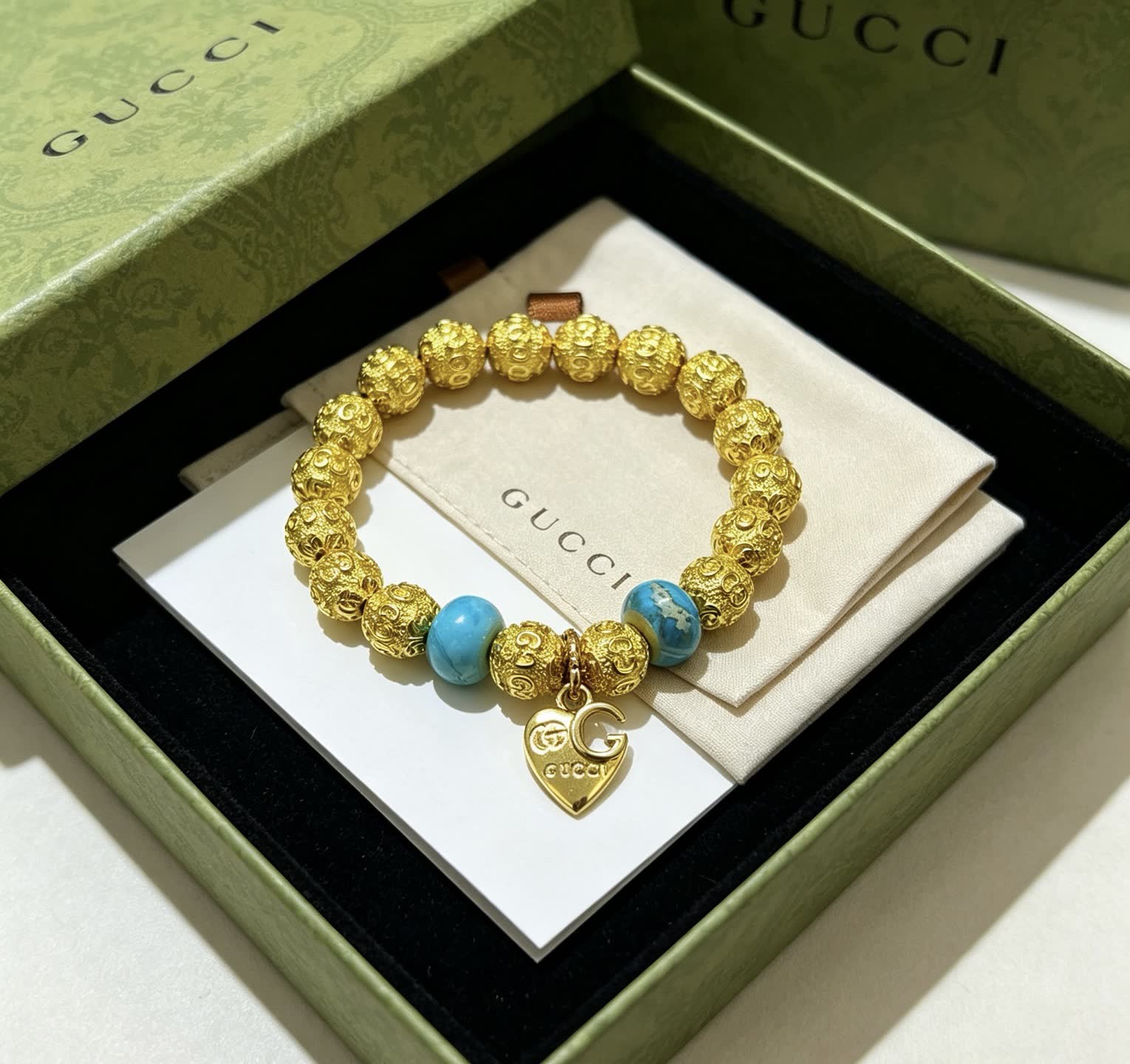 Gucci Gold Beaded Bracelet with Turquoise Accents