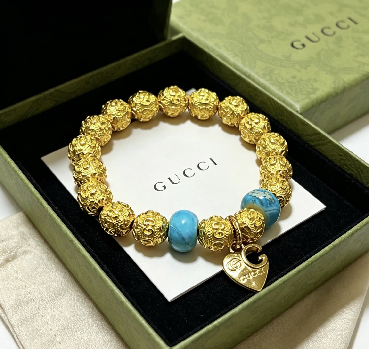 Gucci Gold Beaded Bracelet with Turquoise Accents