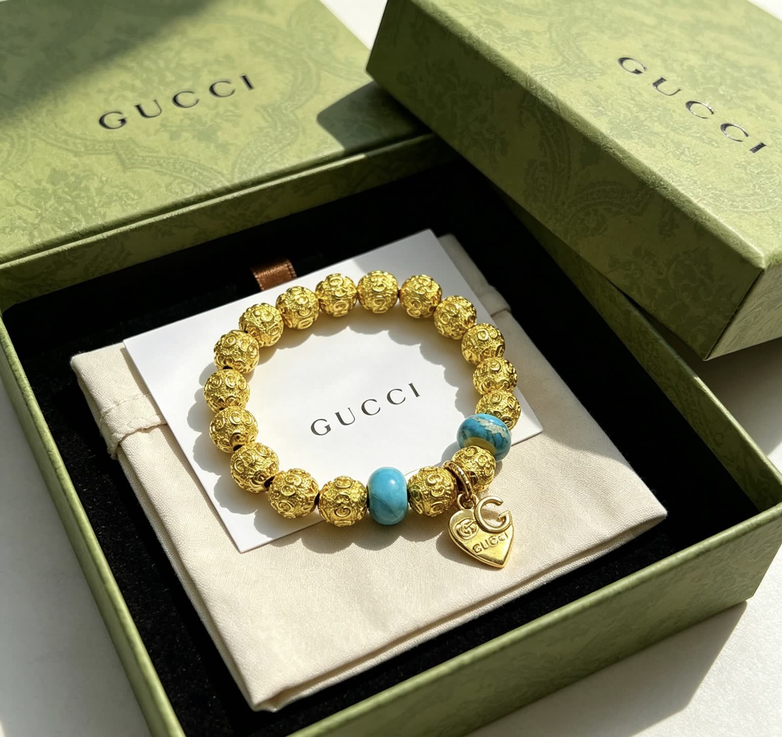 Gucci Gold Beaded Bracelet with Turquoise Accents