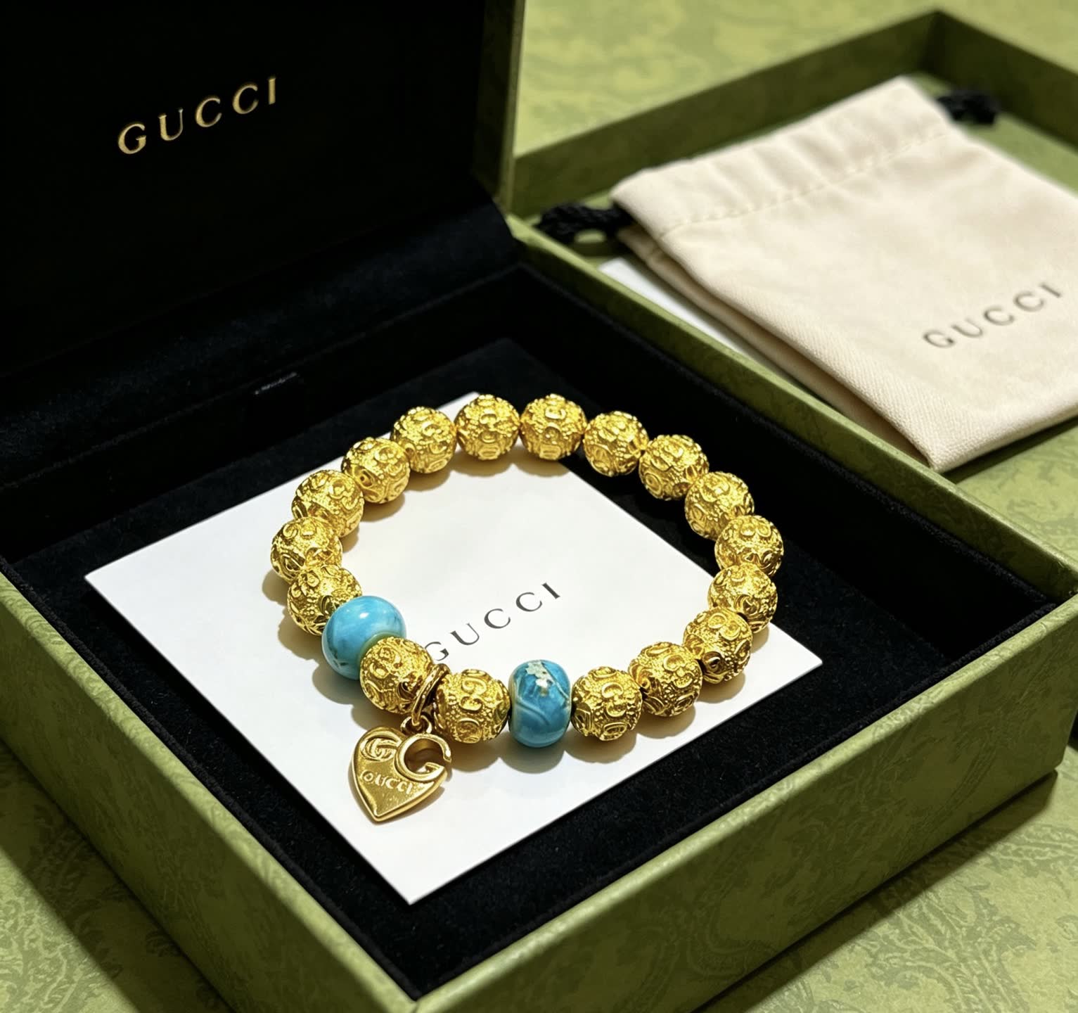Gucci Gold Beaded Bracelet with Turquoise Accents