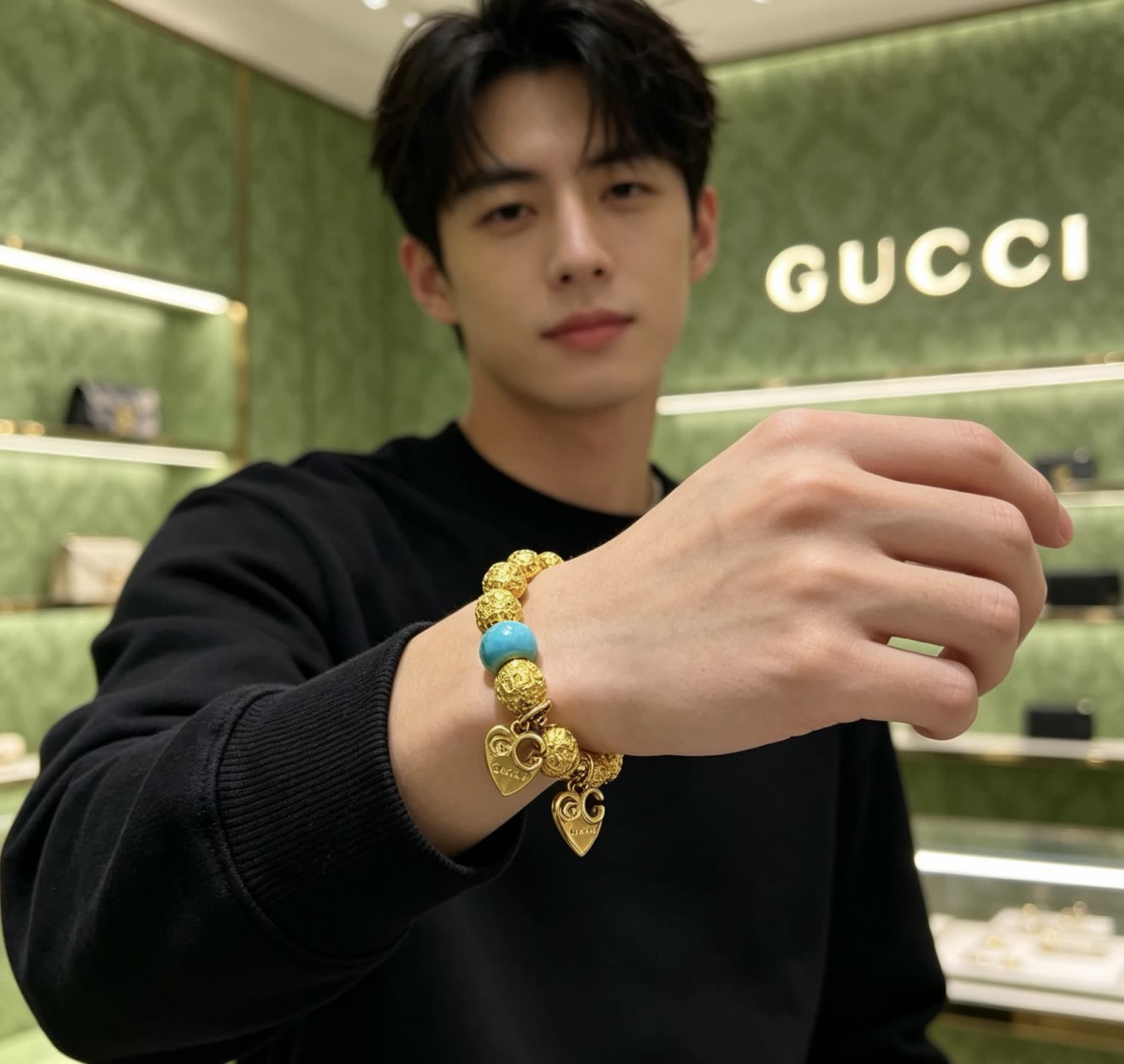 Gucci Gold Beaded Bracelet with Turquoise Accents