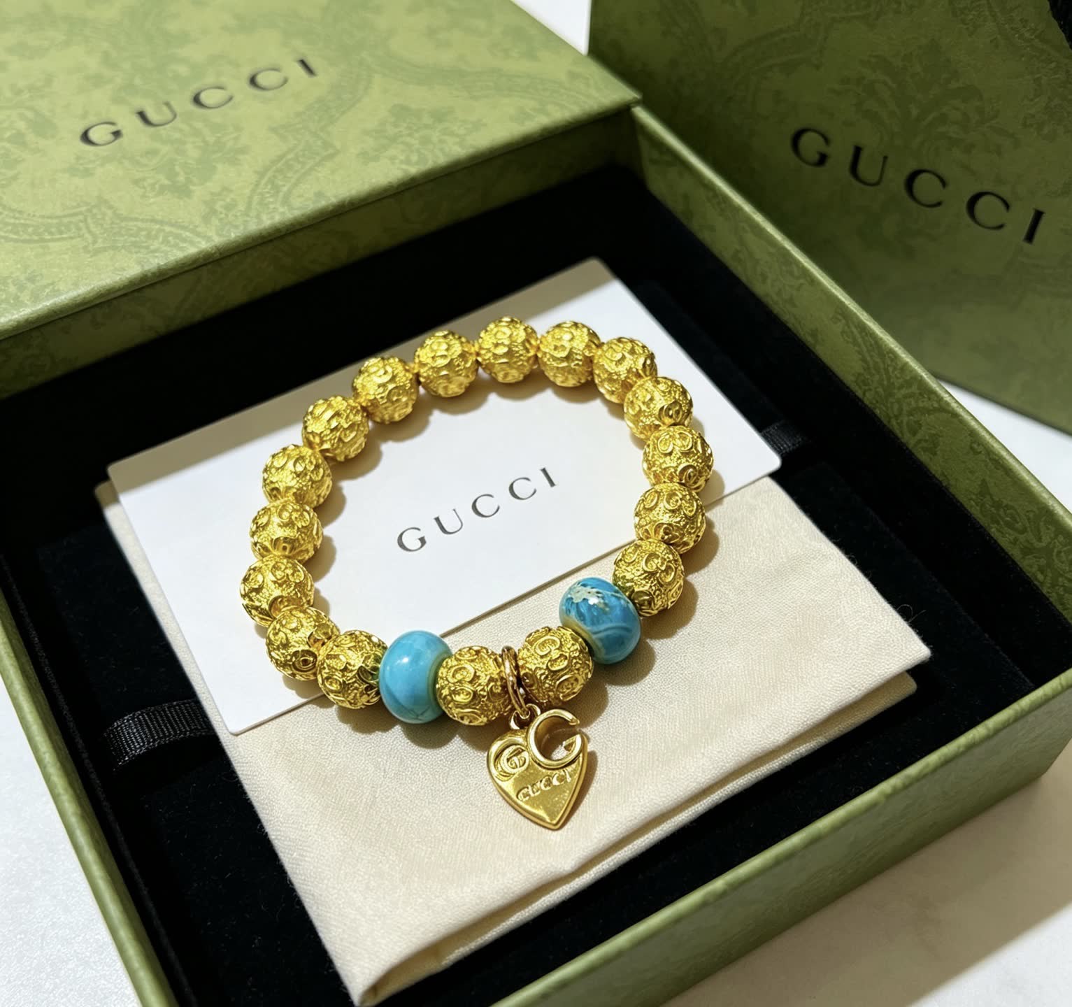 Gucci Gold Beaded Bracelet with Turquoise Accents