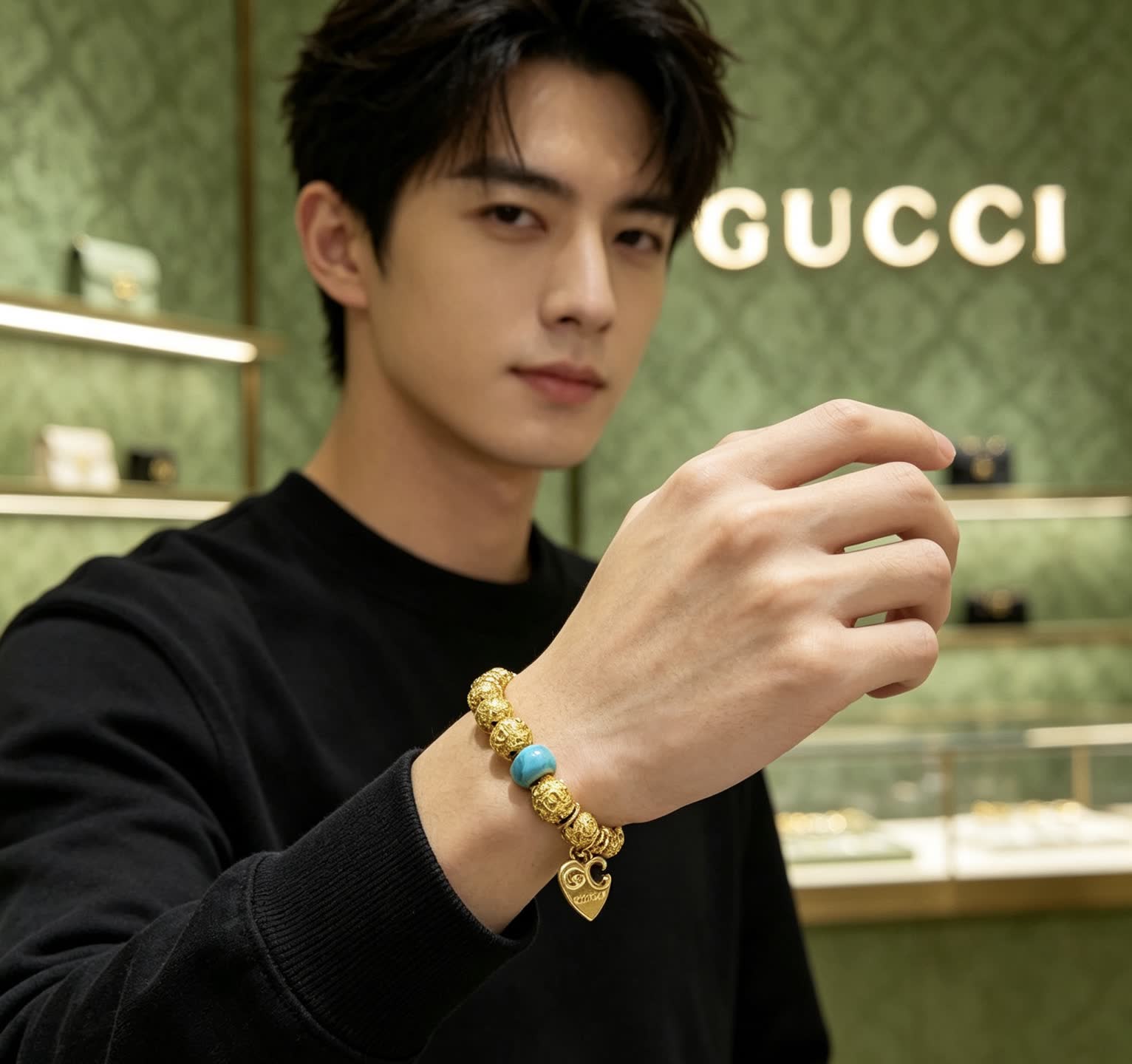 Gucci Gold Beaded Bracelet with Turquoise Accents
